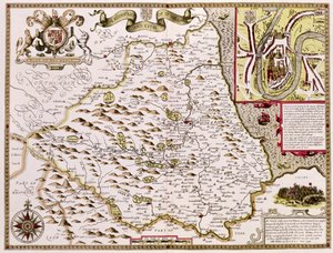 Het bisdom en de stad Durham, gegraveerd door Jodocus Hondius (1563-1612) uit John Speed